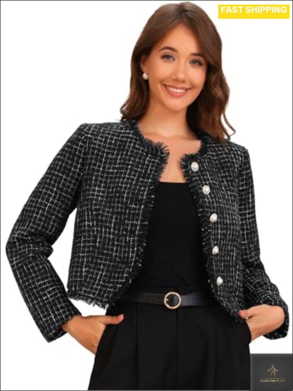 Tweed Plaid Cropped Button Up Long Sleeve Jacket